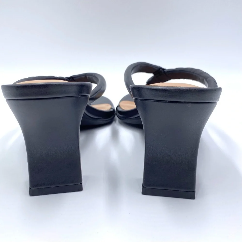 Aerosoles Size 8.5 Black Faux Leather Square Toe Heels Dress Sandals Shoes‎